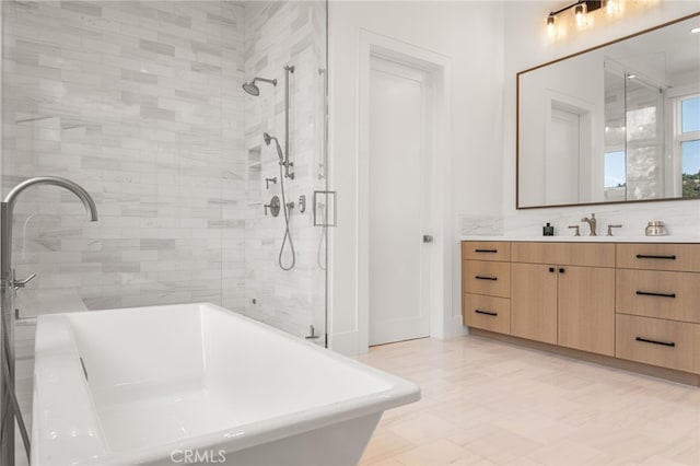 2775 Calbourne Ln, Westlake Village, CA 91361 - bathroom featuring a soaking tub, vanity, a tile shower, and tile patterned floors