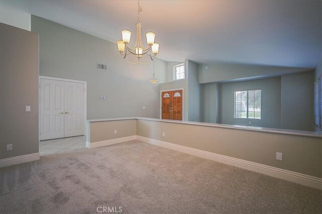 24347 Silver Bullet Way, Murrieta, CA 92562 - carpeted spare room featuring a chandelier, healthy amount of natural light, high vaulted ceiling, and baseboards