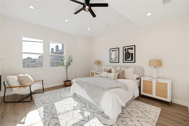 1802 Blossom Ln, Redondo Beach, CA 90278 - bedroom with recessed lighting, wood finished floors, vaulted ceiling, and a ceiling fan