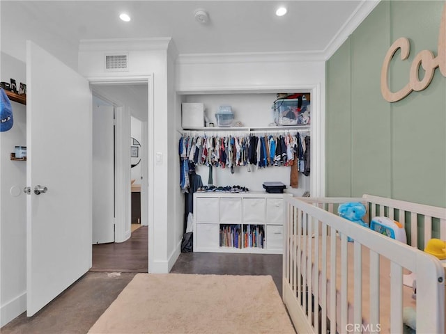1761 Damon St, Simi Valley, CA 93063 - bedroom featuring crown molding, a nursery area, recessed lighting, a closet, and finished concrete floors