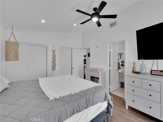 1761 Damon St, Simi Valley, CA 93063 - bedroom featuring ornamental molding, multiple closets, light wood-style floors, recessed lighting, and connected bathroom
