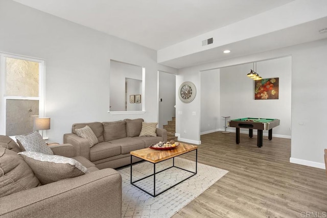2345 Levante St, Carlsbad, CA 92009 - living room with billiards, baseboards, light wood-style floors, stairs, and recessed lighting