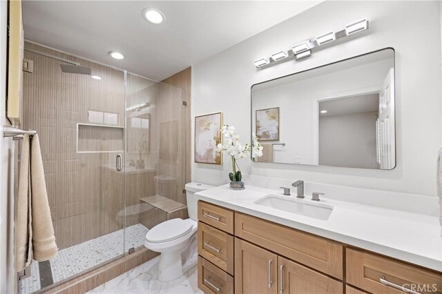 8426 Orange St, Downey, CA 90242 - bathroom featuring vanity, marble finish floors, recessed lighting, and a stall shower