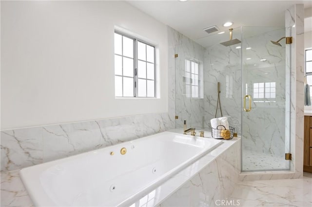 8426 Orange St, Downey, CA 90242 - full bath with a marble finish shower, plenty of natural light, a whirlpool tub, marble tiled flooring, and recessed lighting