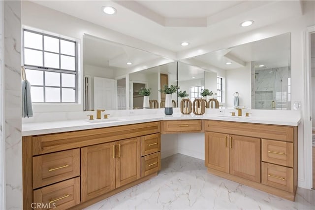 8426 Orange St, Downey, CA 90242 - bathroom with double vanity, plenty of natural light, a marble finish shower, recessed lighting, and marble finish flooring