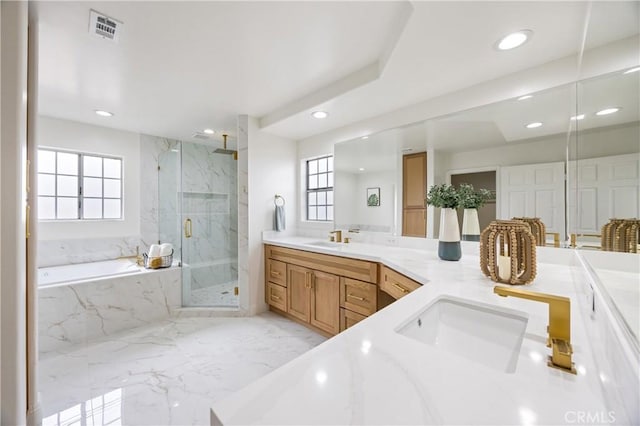 8426 Orange St, Downey, CA 90242 - bathroom featuring double vanity, recessed lighting, a bath, healthy amount of natural light, and a marble finish shower