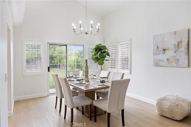 8426 Orange St, Downey, CA 90242 - dining space featuring high vaulted ceiling, wood finished floors, and a chandelier