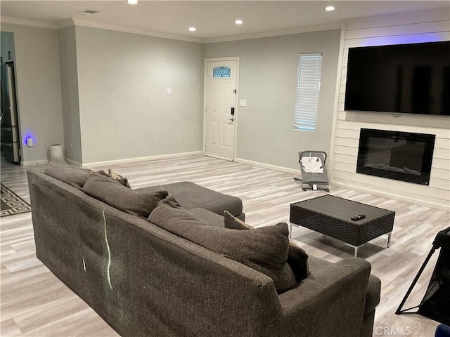 114 S Acacia Ave, Rialto, CA 92376 - living room with ornamental molding, wood finished floors, a fireplace, and recessed lighting