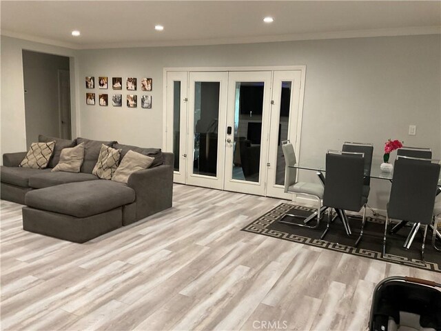 114 S Acacia Ave, Rialto, CA 92376 - living room featuring french doors, wood finished floors, crown molding, and recessed lighting