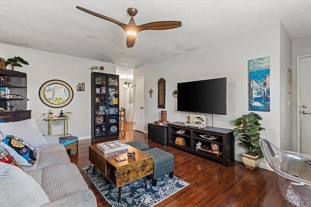 10214 Michala Pl, Santee, CA 92071 - living room featuring a ceiling fan, a textured ceiling, wood finished floors, and baseboards