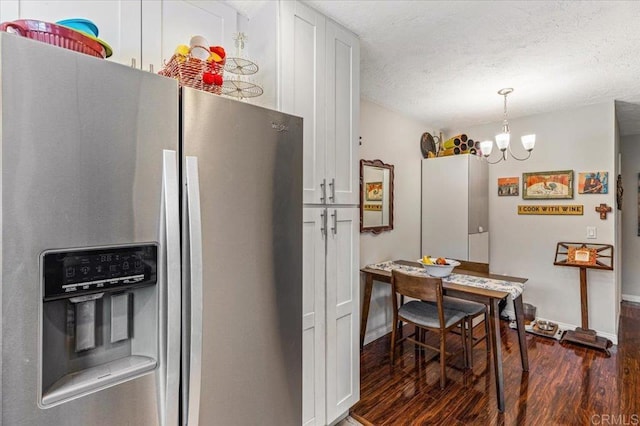 10214 Michala Pl, Santee, CA 92071 - kitchen featuring stainless steel refrigerator with ice dispenser, dark wood-style flooring, a chandelier, a textured ceiling, and white cabinets