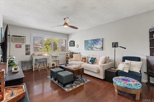 10214 Michala Pl, Santee, CA 92071 - living area featuring a ceiling fan, wood finished floors, an AC wall unit, and a textured ceiling