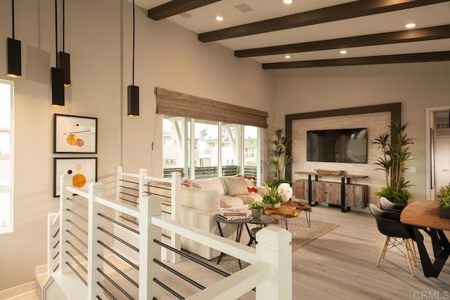 14421 Segal Way, San Diego, CA 92126 - living room with beamed ceiling, light wood-type flooring, recessed lighting, and baseboards