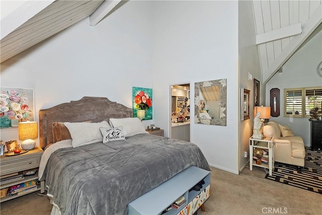 966 Willow Creek Rd Unit 36, Lake Arrowhead, CA 92352 - bedroom with high vaulted ceiling, carpet floors, beamed ceiling, ensuite bathroom, and baseboards