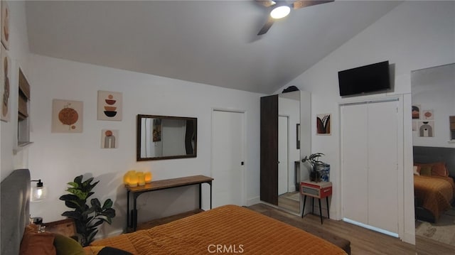 15343 Oakham Ct, Moreno Valley, CA 92551 - bedroom featuring two closets, lofted ceiling, wood finished floors, and a ceiling fan