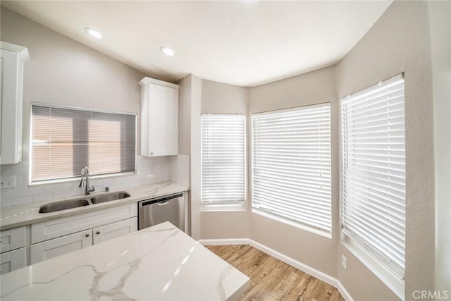 14079 El Camino Pl, Fontana, CA 92337 - kitchen featuring dishwasher, a sink, light wood-style flooring, backsplash, and white cabinetry