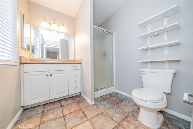 14079 El Camino Pl, Fontana, CA 92337 - full bathroom featuring vanity, stone finish flooring, toilet, a stall shower, and baseboards