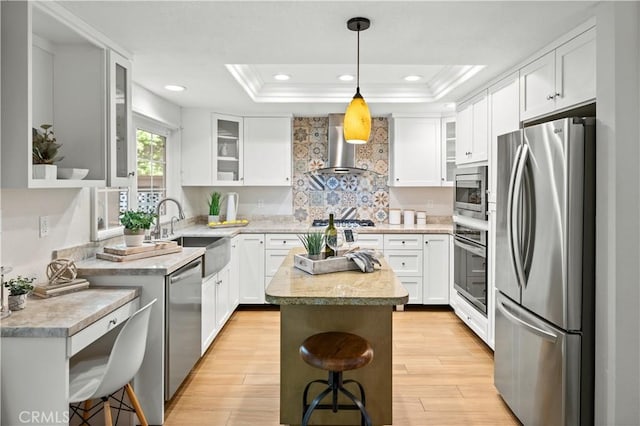 61 Bridgeport, Irvine, CA 92620 - kitchen with appliances with stainless steel finishes, wall chimney exhaust hood, a sink, a tray ceiling, and a kitchen island