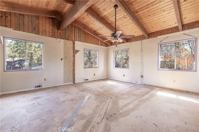 600 Moreno Ln, Sugarloaf, CA 92386 - spare room featuring a ceiling fan, high vaulted ceiling, and wood ceiling with exposed beams
