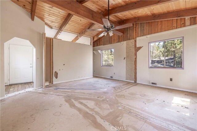 600 Moreno Ln, Sugarloaf, CA 92386 - unfurnished room with wooden ceiling with exposed beams, ceiling fan, and high vaulted ceiling