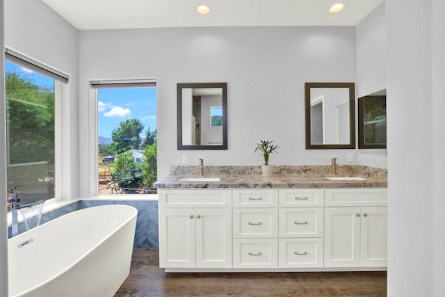 25034 Poderio Dr, Ramona, CA 92065 - bathroom featuring a freestanding tub, double vanity, wood finished floors, and recessed lighting