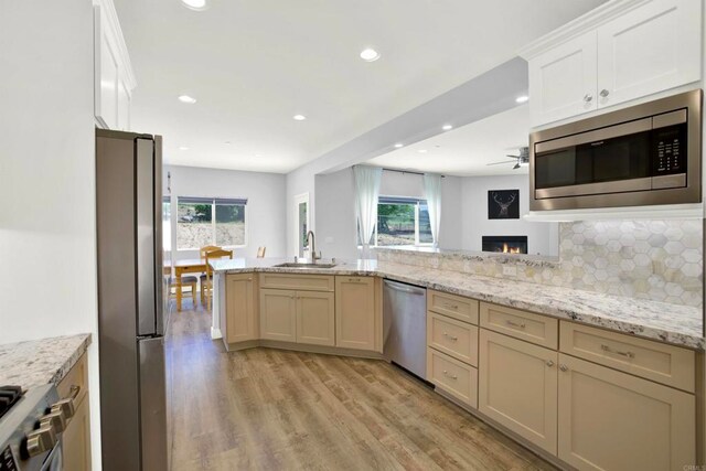 25034 Poderio Dr, Ramona, CA 92065 - kitchen with appliances with stainless steel finishes, a sink, a ceiling fan, a glass covered fireplace, and light wood-style flooring