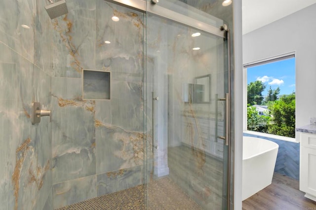 25034 Poderio Dr, Ramona, CA 92065 - bathroom featuring a marble finish shower, a freestanding bath, and vanity