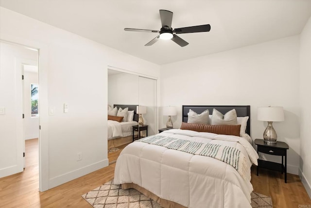 101 Coolwater Dr, San Diego, CA 92114 - bedroom featuring baseboards, light wood-style flooring, a closet, and a ceiling fan
