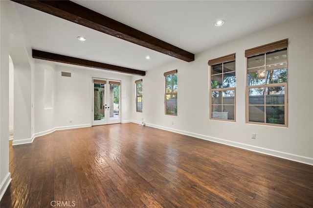 21 Land Bird, Irvine, CA 92618 - unfurnished room featuring dark wood-style flooring, baseboards, french doors, beam ceiling, and recessed lighting