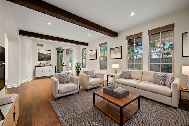 21 Land Bird, Irvine, CA 92618 - living area with dark wood finished floors, recessed lighting, beamed ceiling, french doors, and baseboards