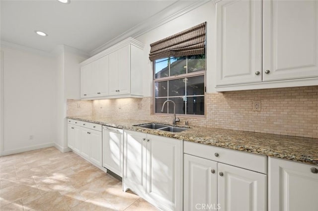 21 Land Bird, Irvine, CA 92618 - kitchen featuring a sink, crown molding, stone countertops, white cabinets, and tasteful backsplash