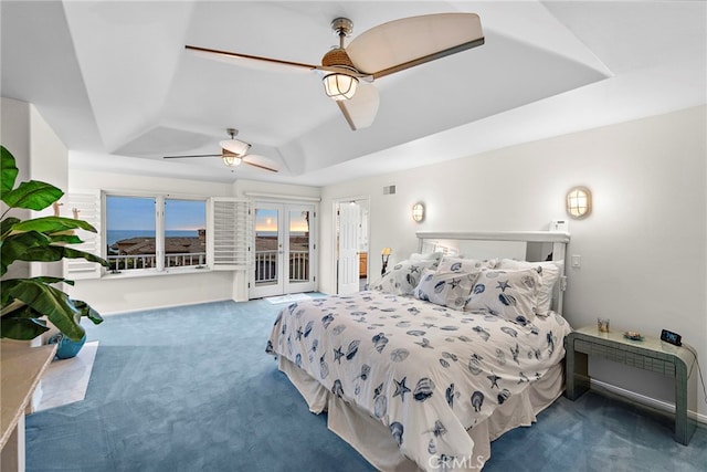 4026 Calle Lisa, San Clemente, CA 92672 - bedroom featuring carpet flooring, access to outside, a raised ceiling, french doors, and a ceiling fan