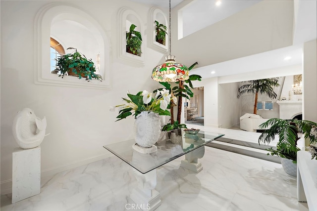 4026 Calle Lisa, San Clemente, CA 92672 - corridor featuring marble look tiles, baseboards, recessed lighting, and a high ceiling