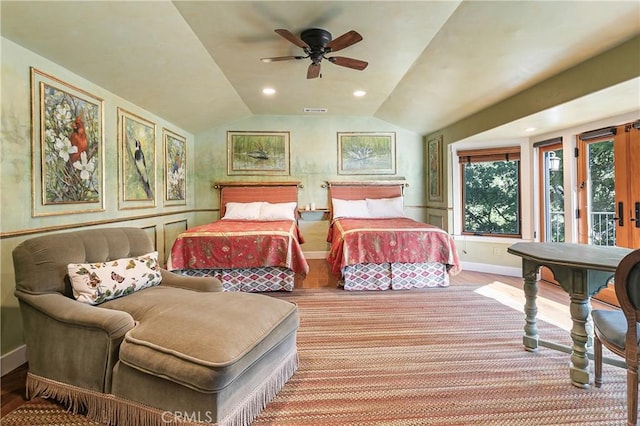 923 Lake Edge Way, Lake Arrowhead, CA 92352 - bedroom with baseboards, vaulted ceiling, recessed lighting, and a ceiling fan