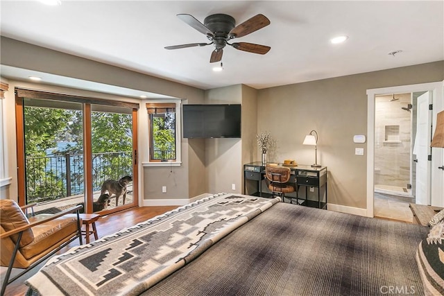 923 Lake Edge Way, Lake Arrowhead, CA 92352 - bedroom featuring baseboards, recessed lighting, and ensuite bathroom