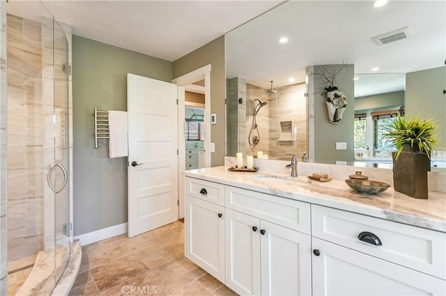 923 Lake Edge Way, Lake Arrowhead, CA 92352 - bathroom featuring a stall shower, vanity, recessed lighting, and baseboards