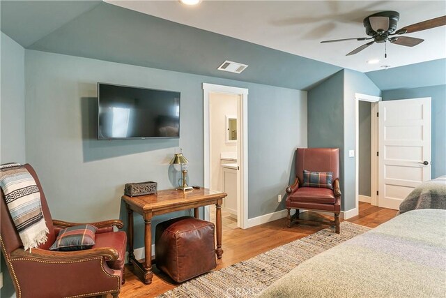 923 Lake Edge Way, Lake Arrowhead, CA 92352 - bedroom with wood finished floors, baseboards, recessed lighting, connected bathroom, and vaulted ceiling