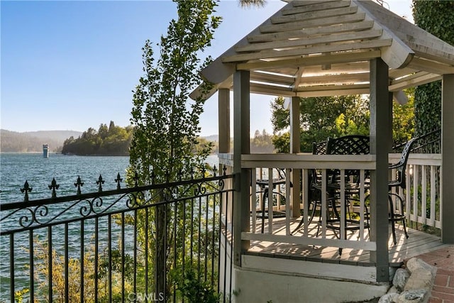 923 Lake Edge Way, Lake Arrowhead, CA 92352 - wooden terrace featuring a water view and a gazebo
