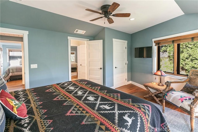 923 Lake Edge Way, Lake Arrowhead, CA 92352 - bedroom with vaulted ceiling, wood finished floors, a ceiling fan, baseboards, and recessed lighting