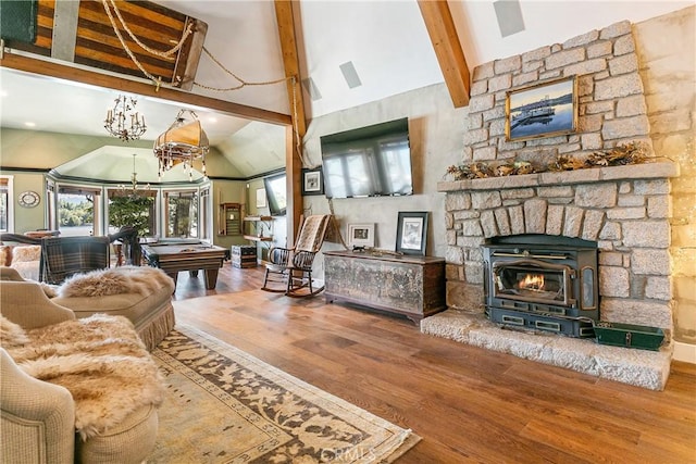 923 Lake Edge Way, Lake Arrowhead, CA 92352 - living room featuring beam ceiling, wood finished floors, a fireplace, billiards table, and high vaulted ceiling