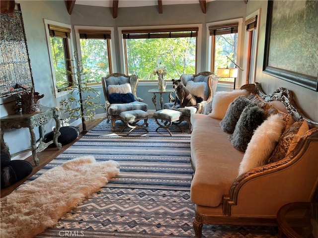 923 Lake Edge Way, Lake Arrowhead, CA 92352 - living area featuring beamed ceiling