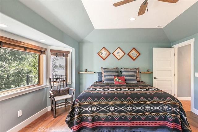 923 Lake Edge Way, Lake Arrowhead, CA 92352 - bedroom with vaulted ceiling, wood finished floors, a ceiling fan, baseboards, and recessed lighting