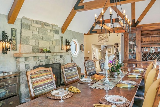 923 Lake Edge Way, Lake Arrowhead, CA 92352 - dining space with beam ceiling, high vaulted ceiling, and a chandelier