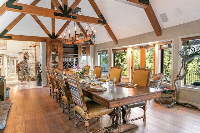 923 Lake Edge Way, Lake Arrowhead, CA 92352 - dining space with a chandelier, beam ceiling, high vaulted ceiling, hardwood / wood-style flooring, and healthy amount of natural light