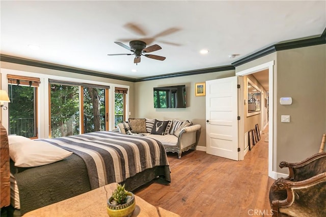 923 Lake Edge Way, Lake Arrowhead, CA 92352 - bedroom featuring crown molding, wood finished floors, baseboards, recessed lighting, and ceiling fan