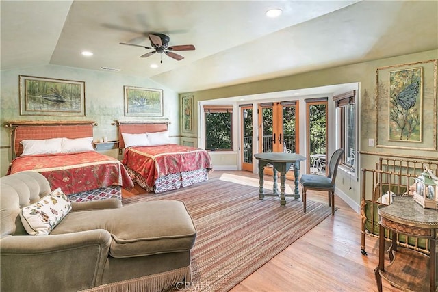 923 Lake Edge Way, Lake Arrowhead, CA 92352 - bedroom featuring vaulted ceiling, access to exterior, light wood-type flooring, baseboards, and french doors