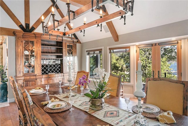 923 Lake Edge Way, Lake Arrowhead, CA 92352 - dining room featuring healthy amount of natural light, beamed ceiling, high vaulted ceiling, light wood finished floors, and baseboards