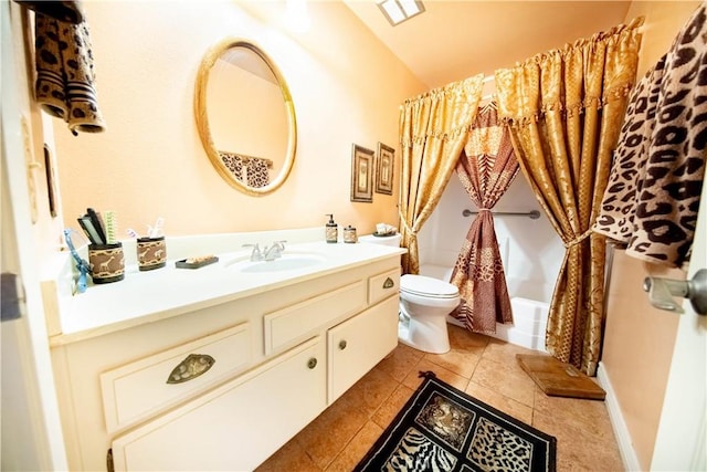 1921 Pine Dr, La Habra, CA 90631 - full bathroom featuring toilet, vanity, shower / tub combo with curtain, and tile patterned flooring