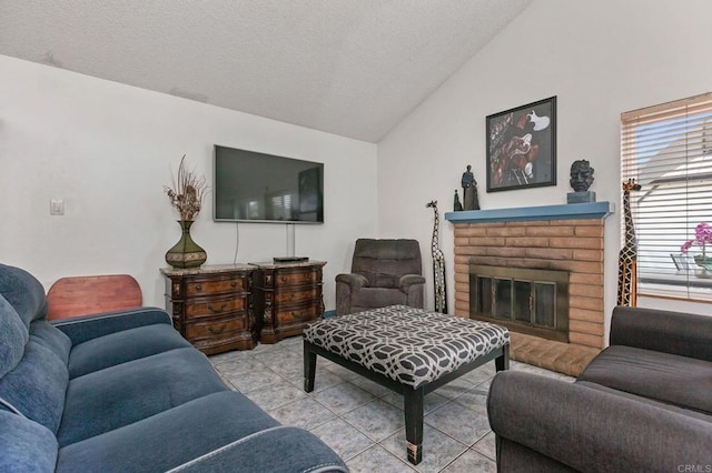 6919 Sandleford Way, San Diego, CA 92139 - tiled living room featuring lofted ceiling, a textured ceiling, and a brick fireplace