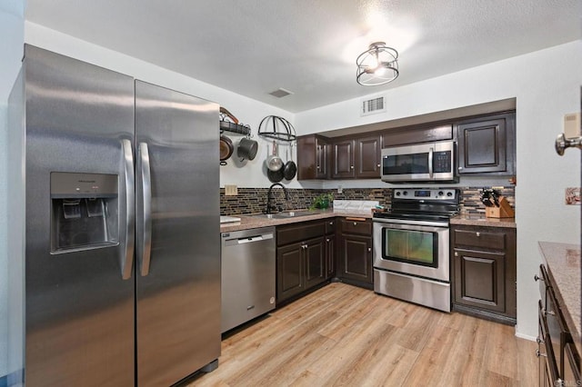 6919 Sandleford Way, San Diego, CA 92139 - kitchen featuring stainless steel appliances, a sink, dark brown cabinetry, and decorative backsplash